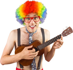 Geeky hipster in afro rainbow wig playing guitar