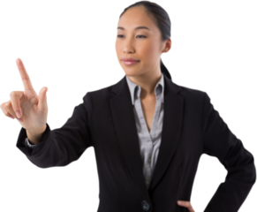 Businesswoman pressing an invisible virtual screen