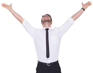Cheering businessman with his arms raised up