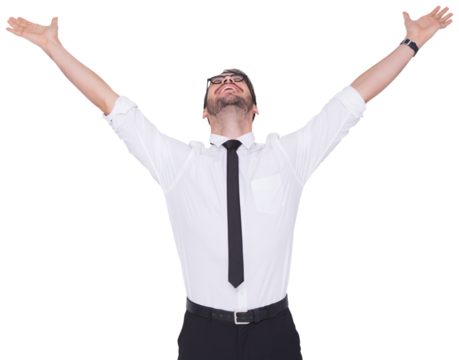 Cheering businessman with his arms raised up