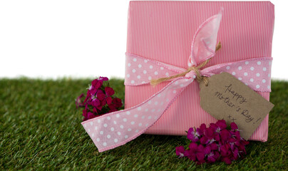 Gift box with happy mothers day tag and pink flowers