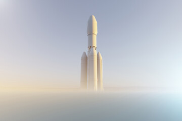 Rocket over Martian desert surface, fog in the atmosphere. 3d illustration