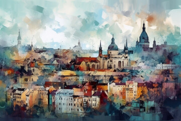 Fototapeta na wymiar Large city in the style of impressionism painting Illustration AI Generative