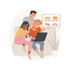 Ordering food online isolated cartoon vector illustration. Group of happy teenagers having home party, teens with laptop sitting on sofa and ordering food on website vector cartoon.