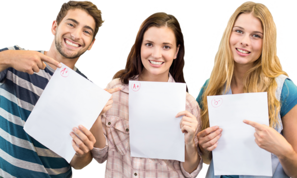 Smiling students showing their exams