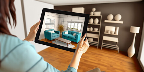 Using tablet to try furniture in a new house. Augmented reality applied to real estate business - Generative AI - obrazy, fototapety, plakaty