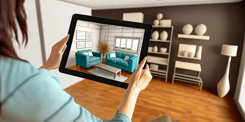 Fotobehang Using tablet to try furniture in a new house. Augmented reality applied to real estate business - Generative AI © jovannig