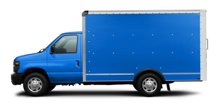 A small delivery van with a full blue cab and van, isolated on a white background.