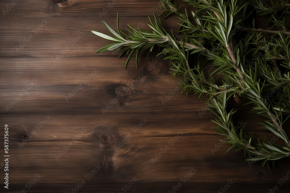 Poster a close up of a branch of a tree on a wooden table with a blurry background of leaves and branches o
