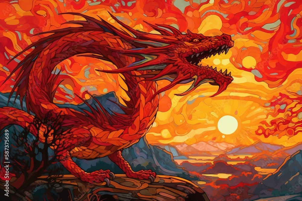 Poster a painting of a red dragon on a rock with a sunset in the background and a mountain range in the for