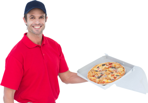 Happy delivery man holding fresh pizza