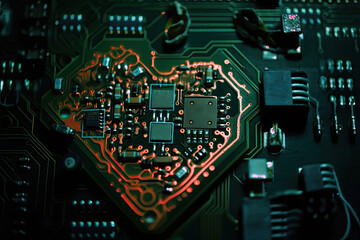 Fototapeta premium processor and electronic circuit board in the shape of a heart, generative ai