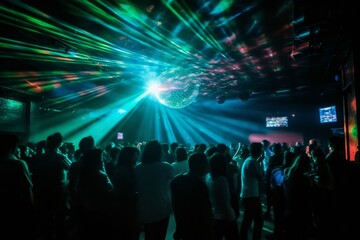 Photo of a lively crowd gathered around a sparkling disco ball created with Generative AI technology
