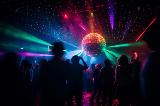 Illustration of people dancing under a shining disco ball in a club created with Generative AI technology