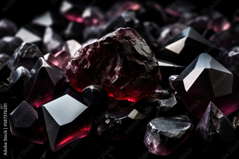 Poster a bunch of different colored rocks on a black surface with a red light coming from the top of one of