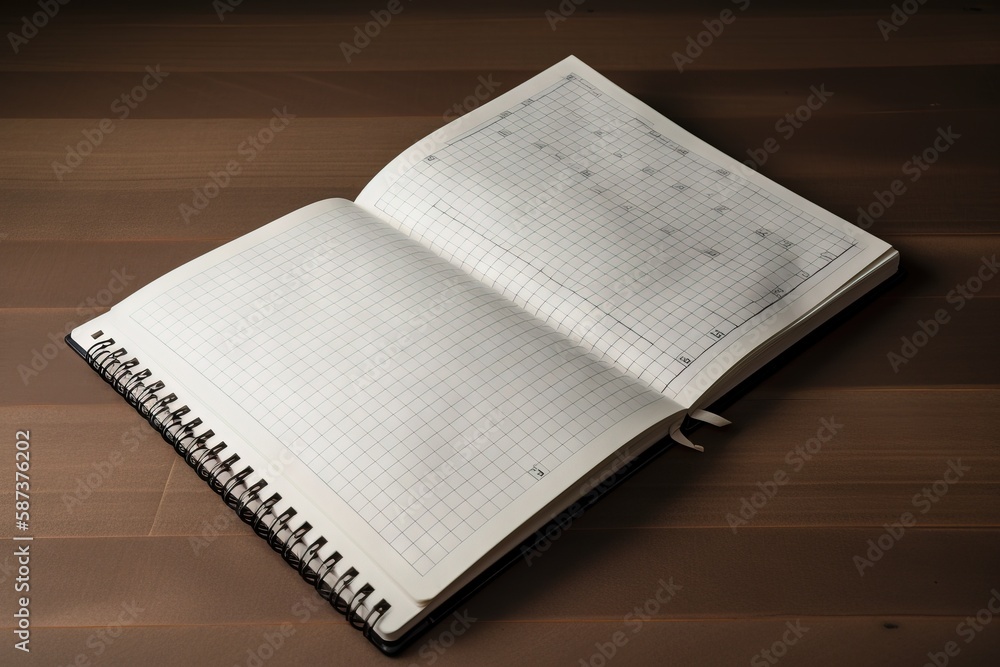 Poster an open notebook on a wooden table with a pen in it's middle of the page and a pen in the middle of 