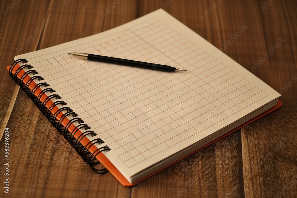 Poster a notebook with a pen on top of it on a wooden table next to a glass of water and a pen on top of th