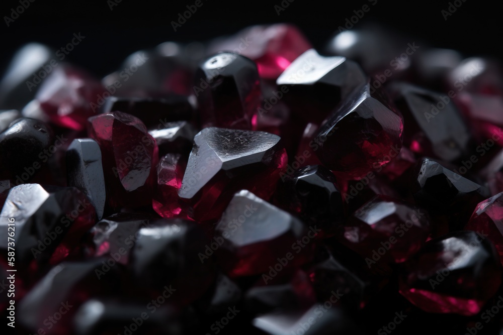 Poster a close up of a bunch of red crystals on a black background with a black background and a black back