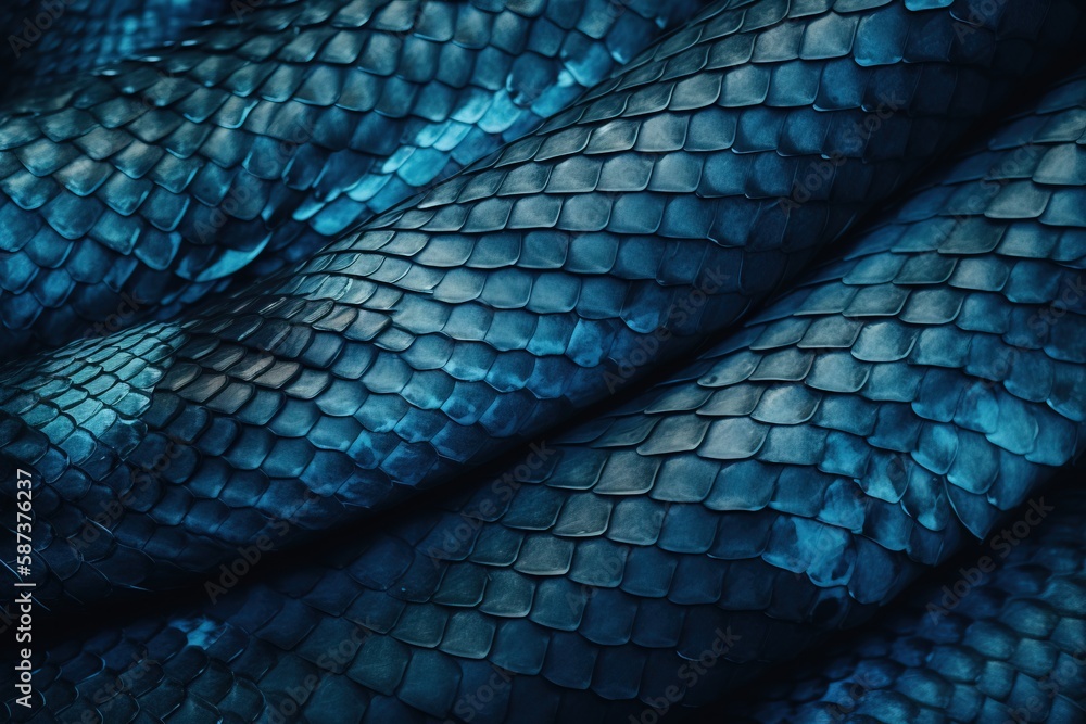 Poster a close up of a blue snake skin pattern on a cell phone case with a blue background and a black phon