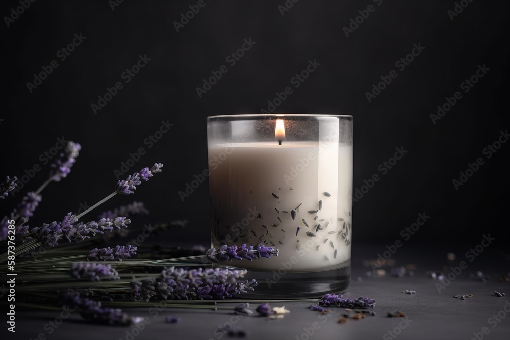 Poster a candle with a bunch of lavenders around it on a table with a black background and a bunch of laven