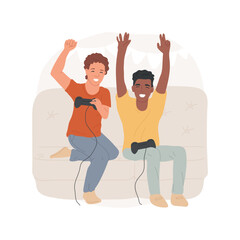 Playing together isolated cartoon vector illustration. Happy teenagers playing video games sitting on sofa, boys holding joystick, home entertainment time, winning celebration vector cartoon.