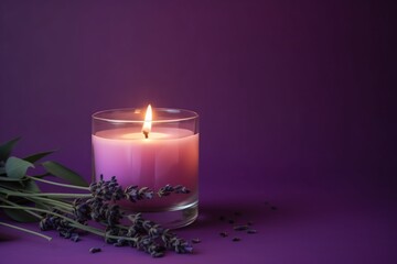 Obraz na płótnie Canvas a candle with a bunch of lavender on a purple background next to a bunch of leaves and a purple candle with a single candle in the middle. generative ai