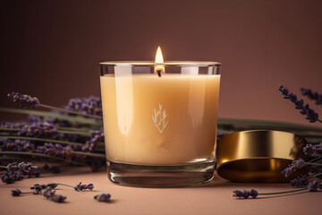  a glass candle with a gold lid next to lavender flowers and a gold container with a candle in the middle of the candle is on a brown surface.  generative ai