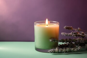Obraz na płótnie Canvas a lit candle sitting on top of a table next to a bunch of lavender flowers on a green surface with a purple background behind it. generative ai