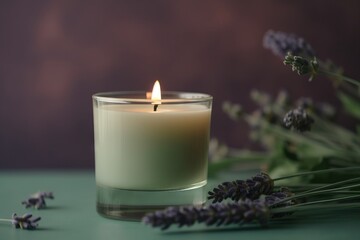 Obraz na płótnie Canvas a lit candle sitting on top of a table next to lavenders and a green table cloth with a purple background behind it and a bunch of lavenders. generative ai