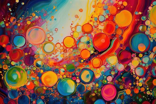  an abstract painting of colorful bubbles on a blue background with a red, yellow, and blue swirl in the center of the image is a blue, red, yellow, orange, yellow, and white, and red,.  generative ai