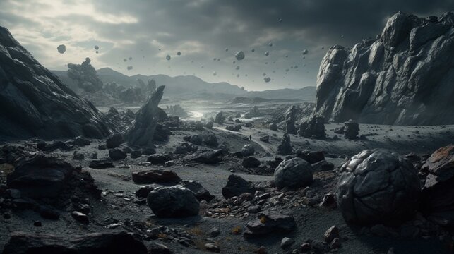 A breathtaking view of a massive asteroid field, with thousands of rocky debris visible in all directions. Generative AI