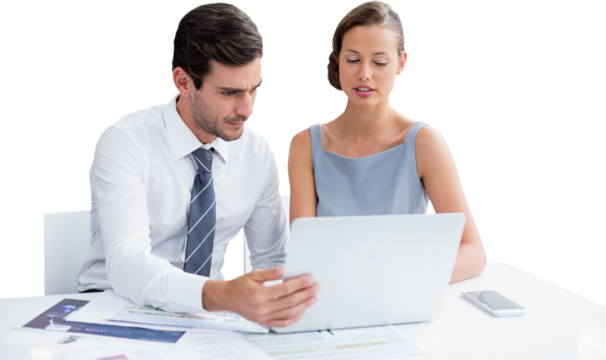 Business people brainstorming over laptop while sitting against white background - Powered by Adobe
