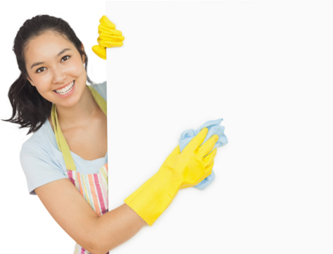 Cheerful woman cleaning white surface