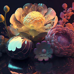 Juicy mesh of flowers and vegetables, colorful 3d blend effect. 
