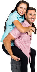 Portrait of smiling man piggybacking girlfriend