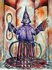 The magician creates a magical ritual. A sketch of the figure of a man in a long hat.