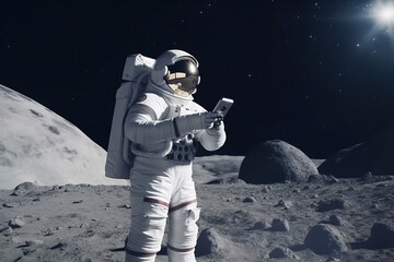 Astronaut using smartphone standing on the Moon, generative ai