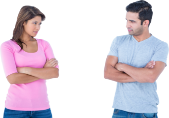 Angry couple standing arms crossed on white background