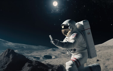 Astronaut taking photo with smartphone on another planet, generative ai
