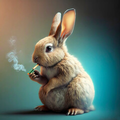 Happy easter bunny, rabbit smoking marijuana joint with cannabis leaf. Generative AI - obrazy, fototapety, plakaty