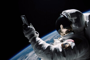 Astronaut using smartphone in outer space, generative ai