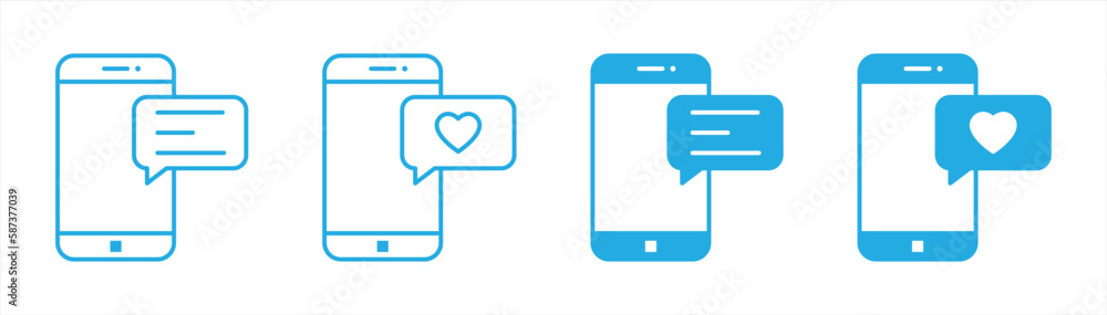 Poster chatting message on mobile phone icon set. chat notification icon. heart messaging icon symbol sign 