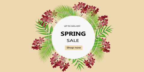 Floral spring design with red flowers and green palm leaves. Round shape with space for text. Banner or flyer sale template, vector illustration.