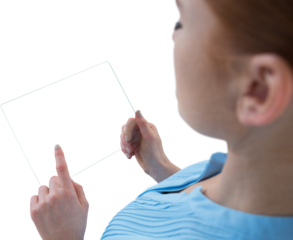 High angle view of young businesswoman using transparent glass interface