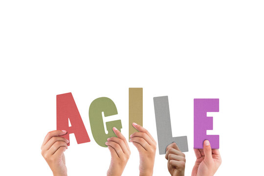 Colorful alphabet spelling agile held up by people 