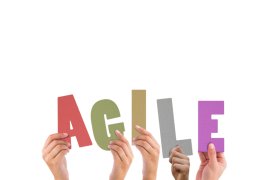 Colorful alphabet spelling agile held up by people 