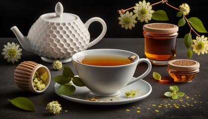Obraz na płótnie Canvas linden tea honey lemon on a dark background. Generative AI