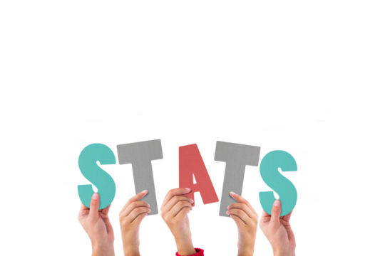 Colorful alphabet spelling stats held up by people 