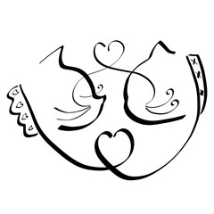 romantic illustration with cats in love, mustache heart, black outline