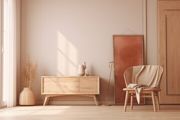 home_interior_with_wooden_furniture. Generative Ai